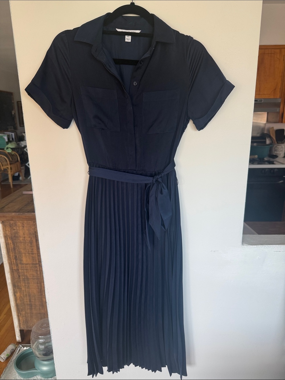 41 Hawthorn Navy Short-Sleeve Pleated Shirt Dress with Waist Tie